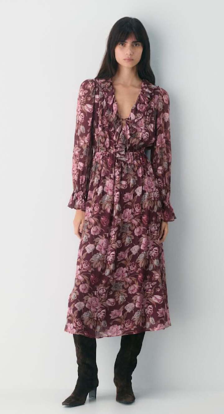 Wilfred Floral Midi Dress in Burgundy and Pink